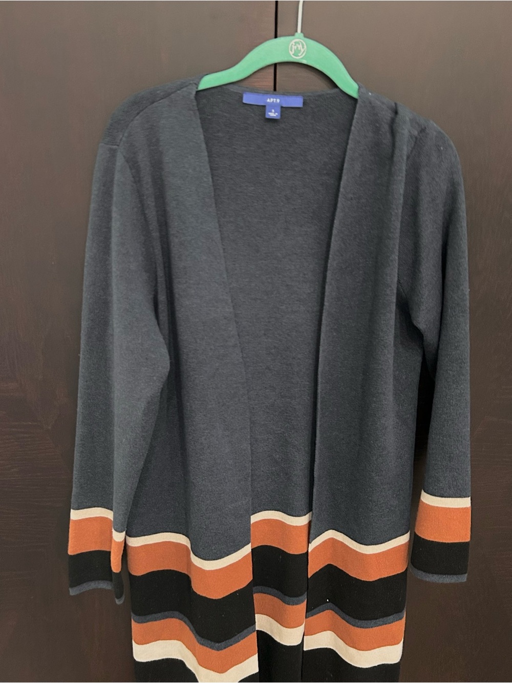 Apt. 9 Navy Cardigan with Orange, Cream & Black Stripes